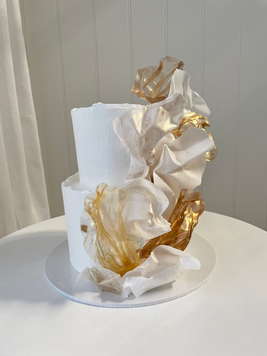 2 Tier White Buttercream Cake with Rice & Wafer Paper Sails
