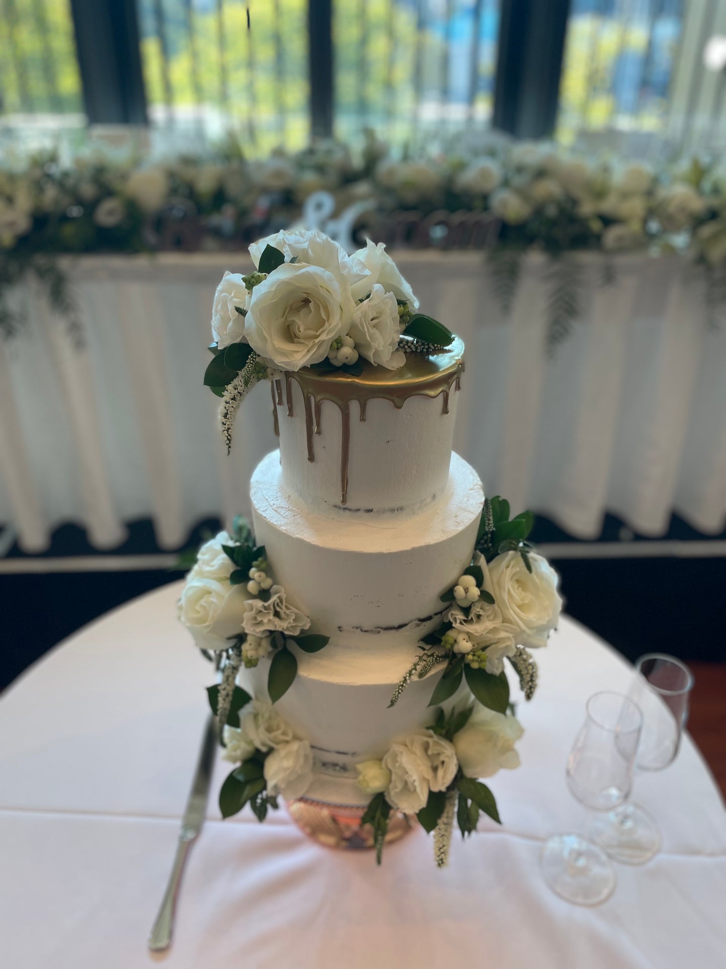 3 Tier White Buttercream with Gold Drizzle and White Flowers