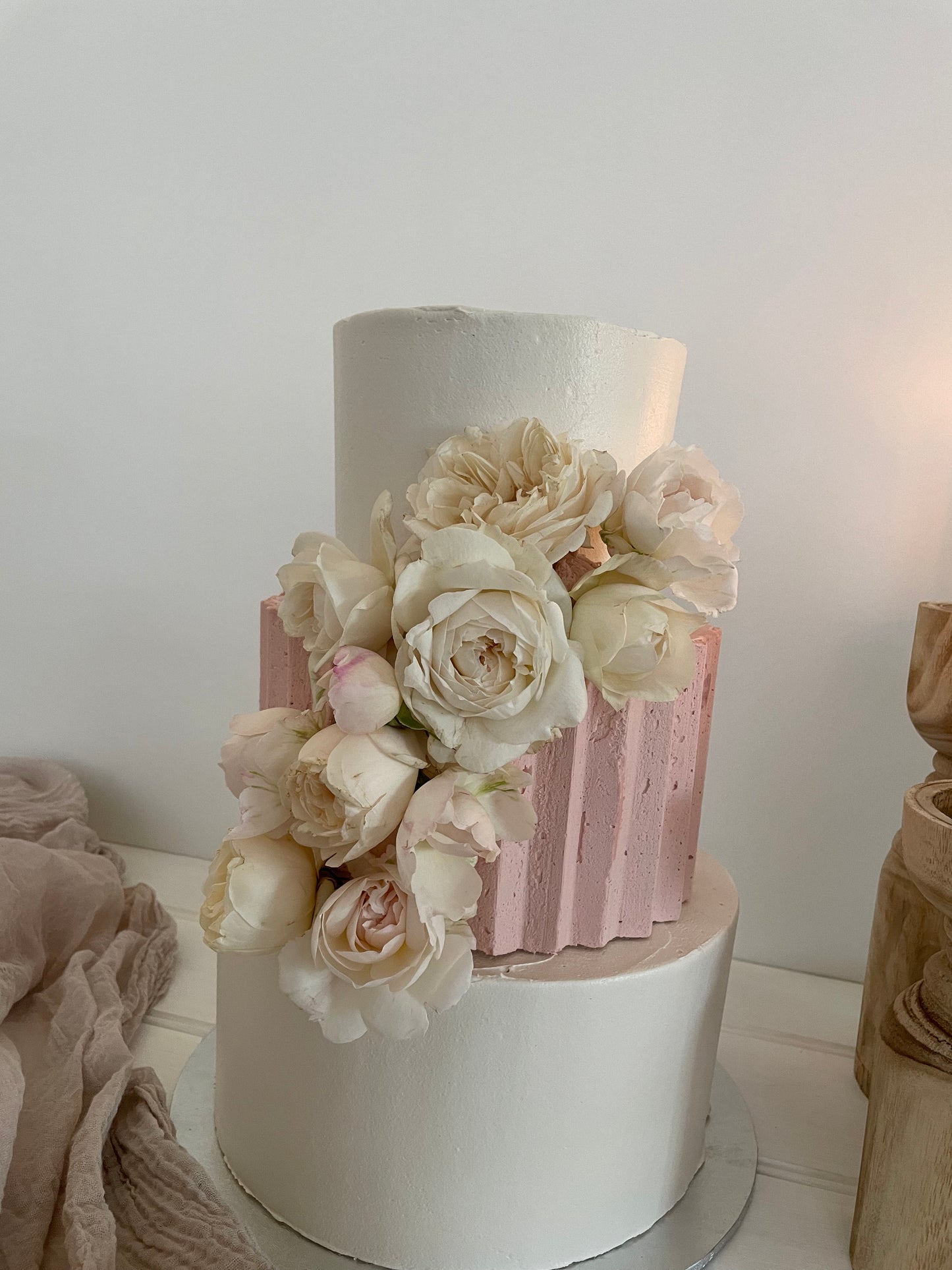 3Tier Ivory & Pink Buttercream with Pleated Tier & Roses