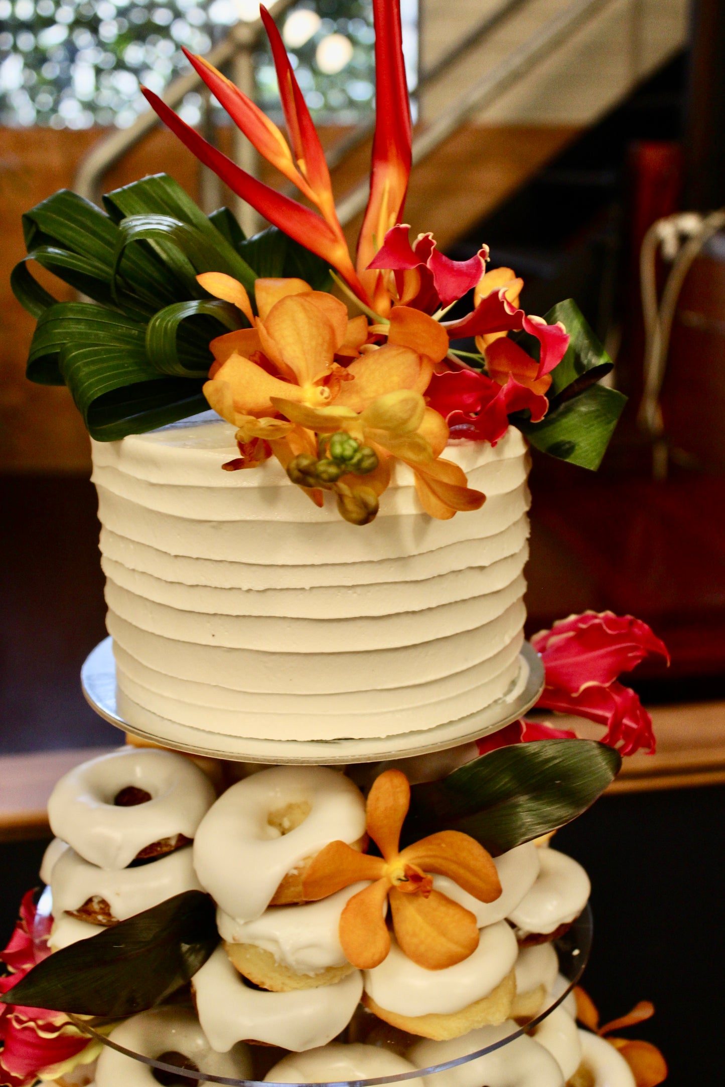 Donut Tower Cake in Bright Tropical Flowers