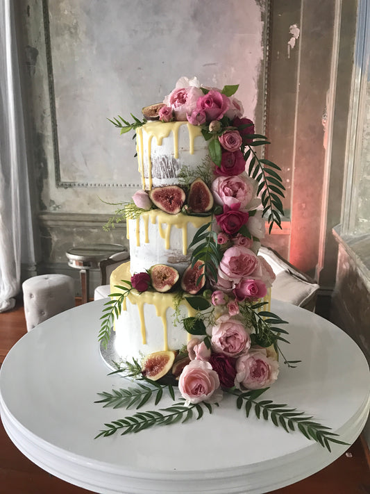 3 Tier Semi Naked With White Drizzle & Pink Cascading Flowers