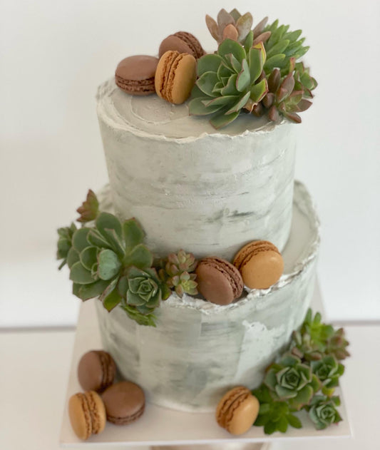 2 tier Green Watercolor Buttercream with Succulents
