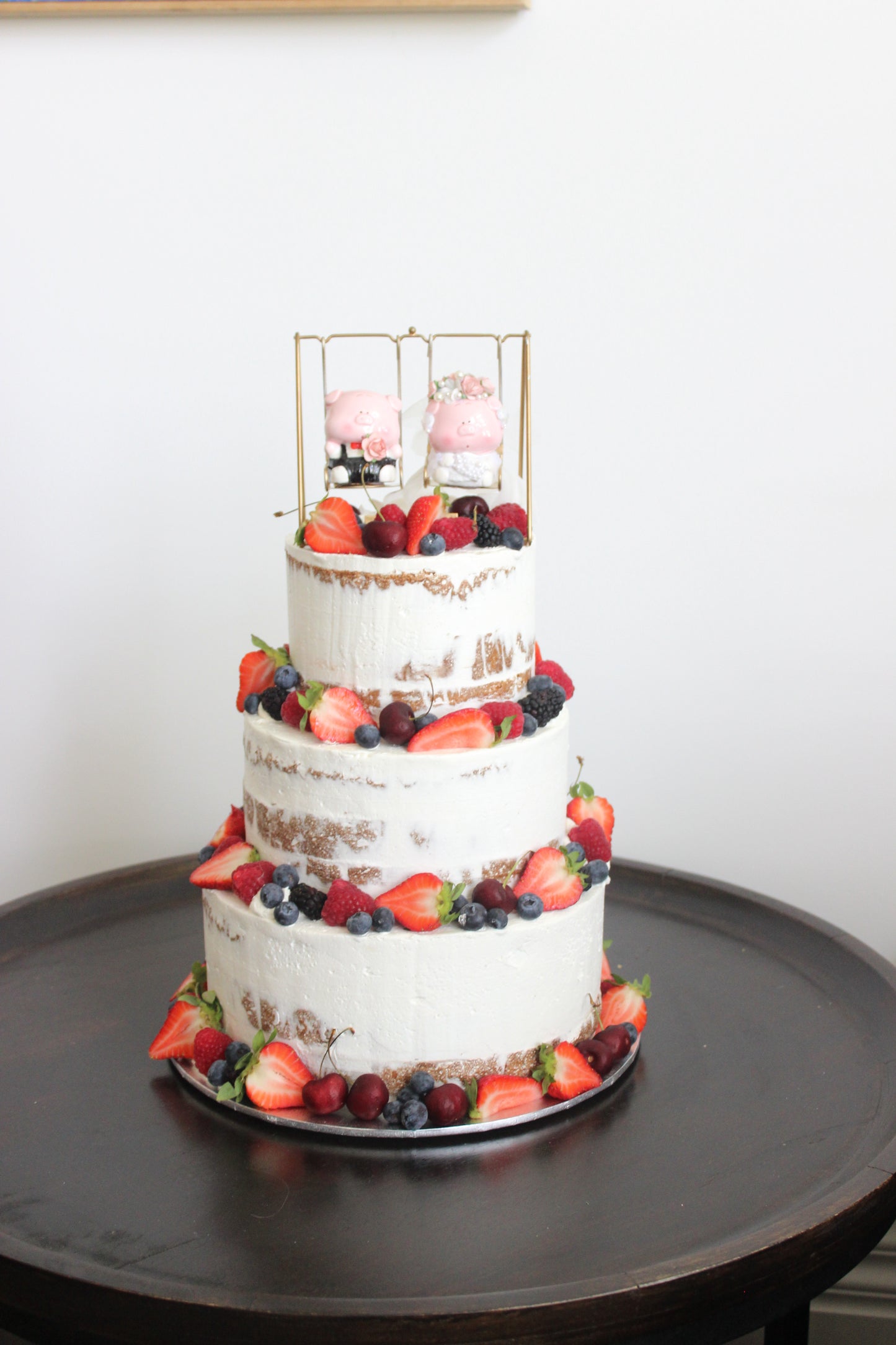 3 Tier Semi Naked with Berries & Pigs