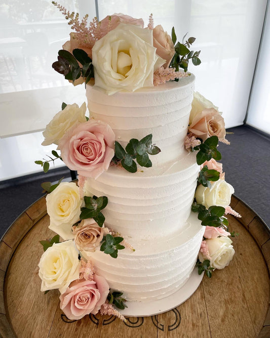 3 Tier Lined Buttercream Pink & White Flowers
