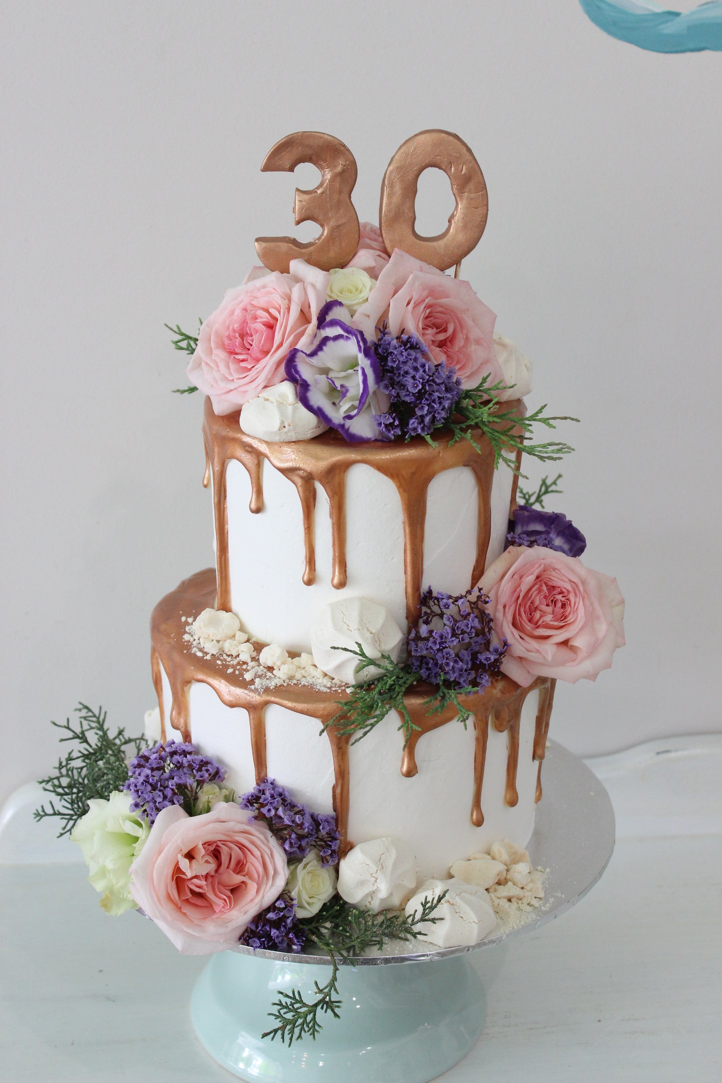 2 Tier 30th Birthday Cake Rose Gold Drizzle