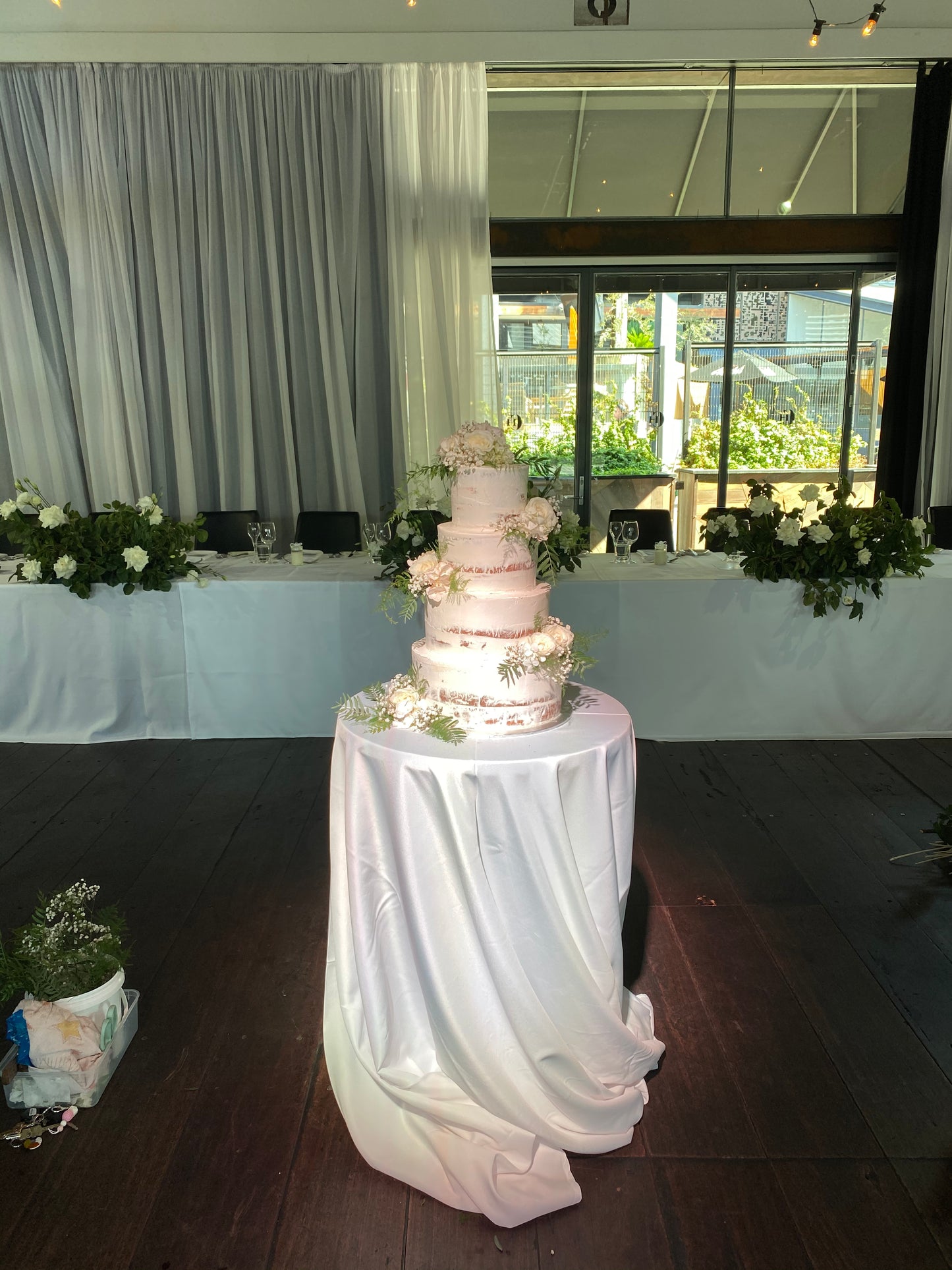 4 tier Semi Naked with White & Green Flowers