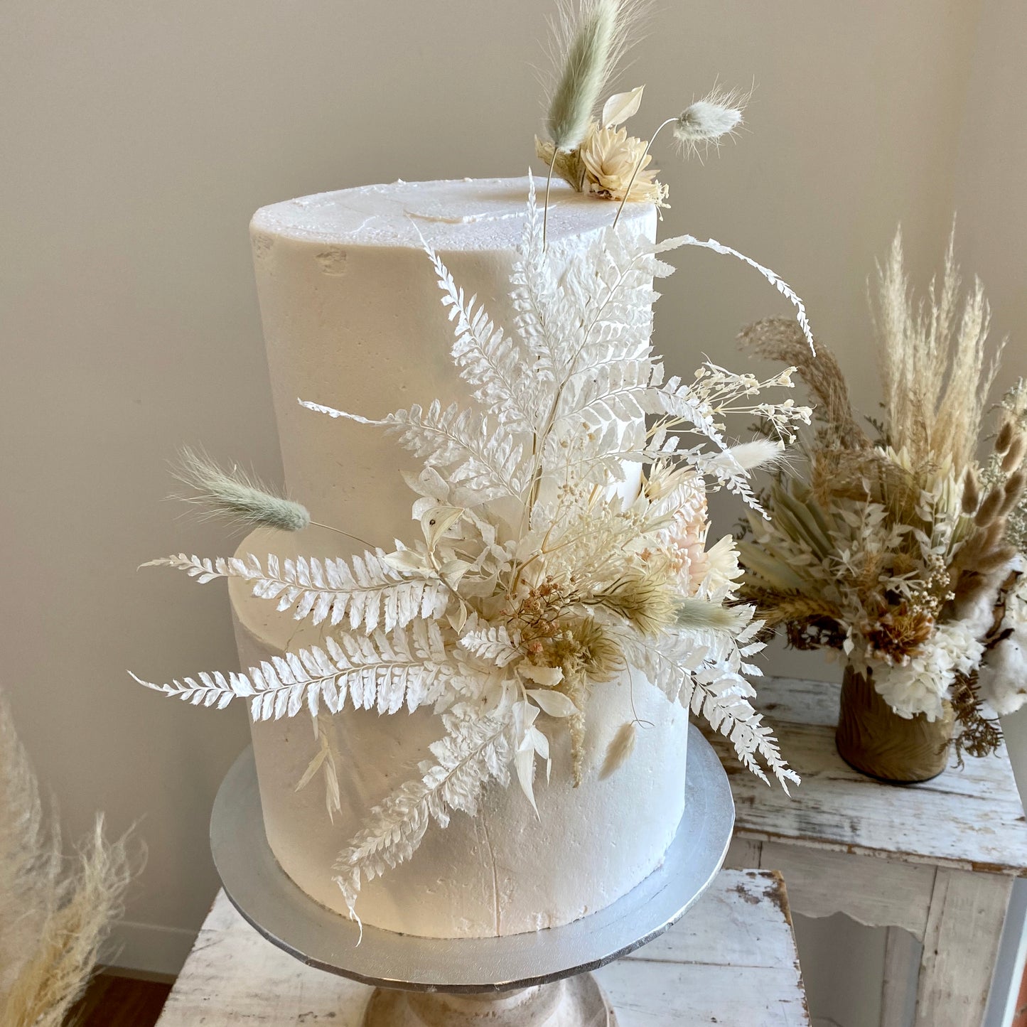 2 tier Buttercream with White Dried Flowers