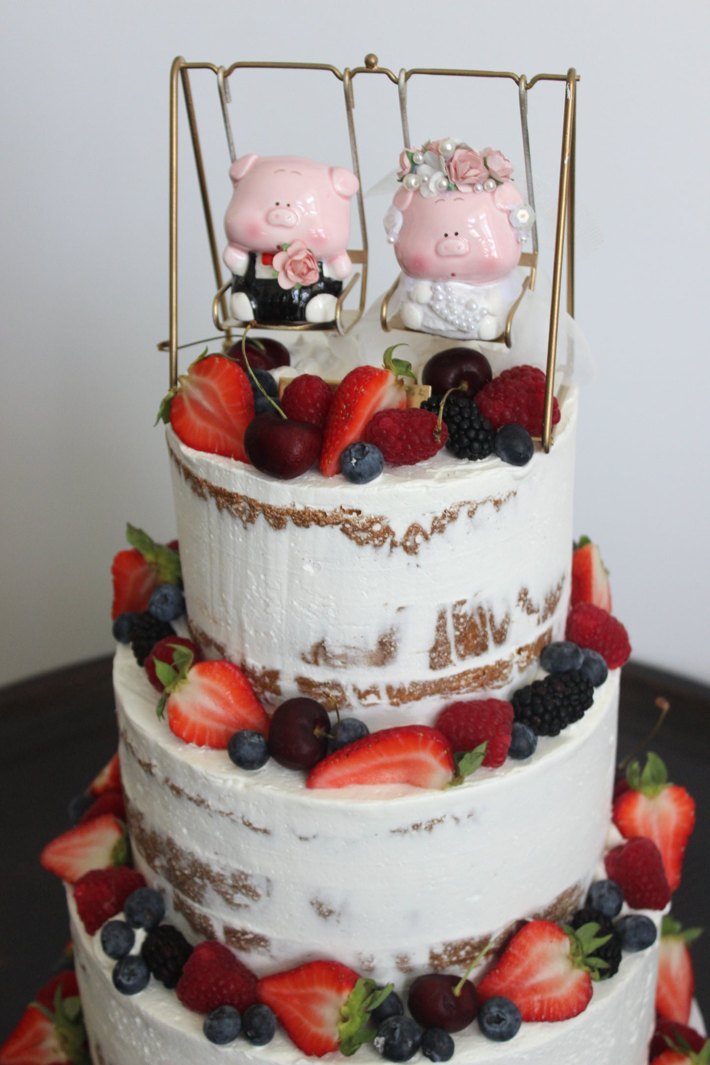 3 Tier Semi Naked with Berries & Pigs