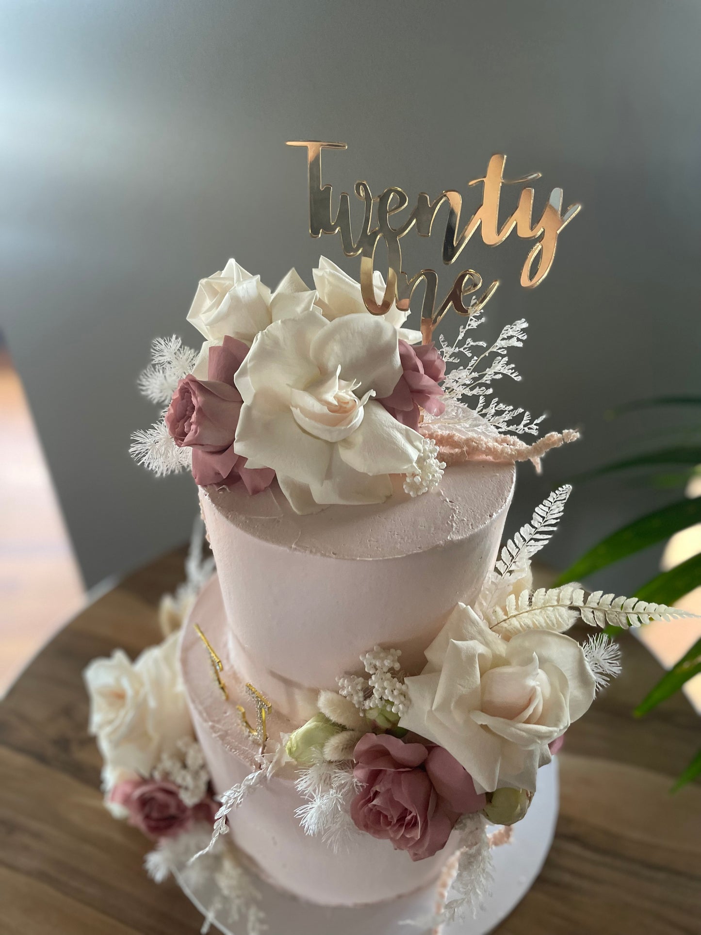Pink & White 2 Tier 21st Floral Cake