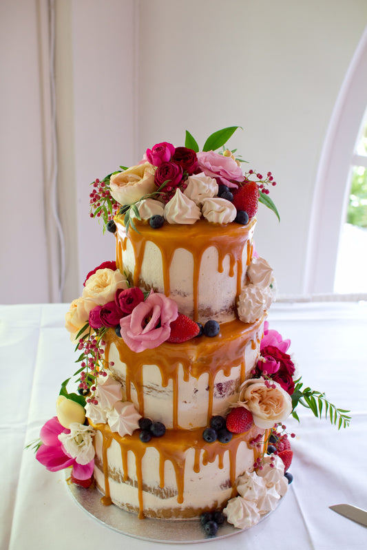 3 Tier Semi Naked with Caramel Drizzle Meringues & Flowers