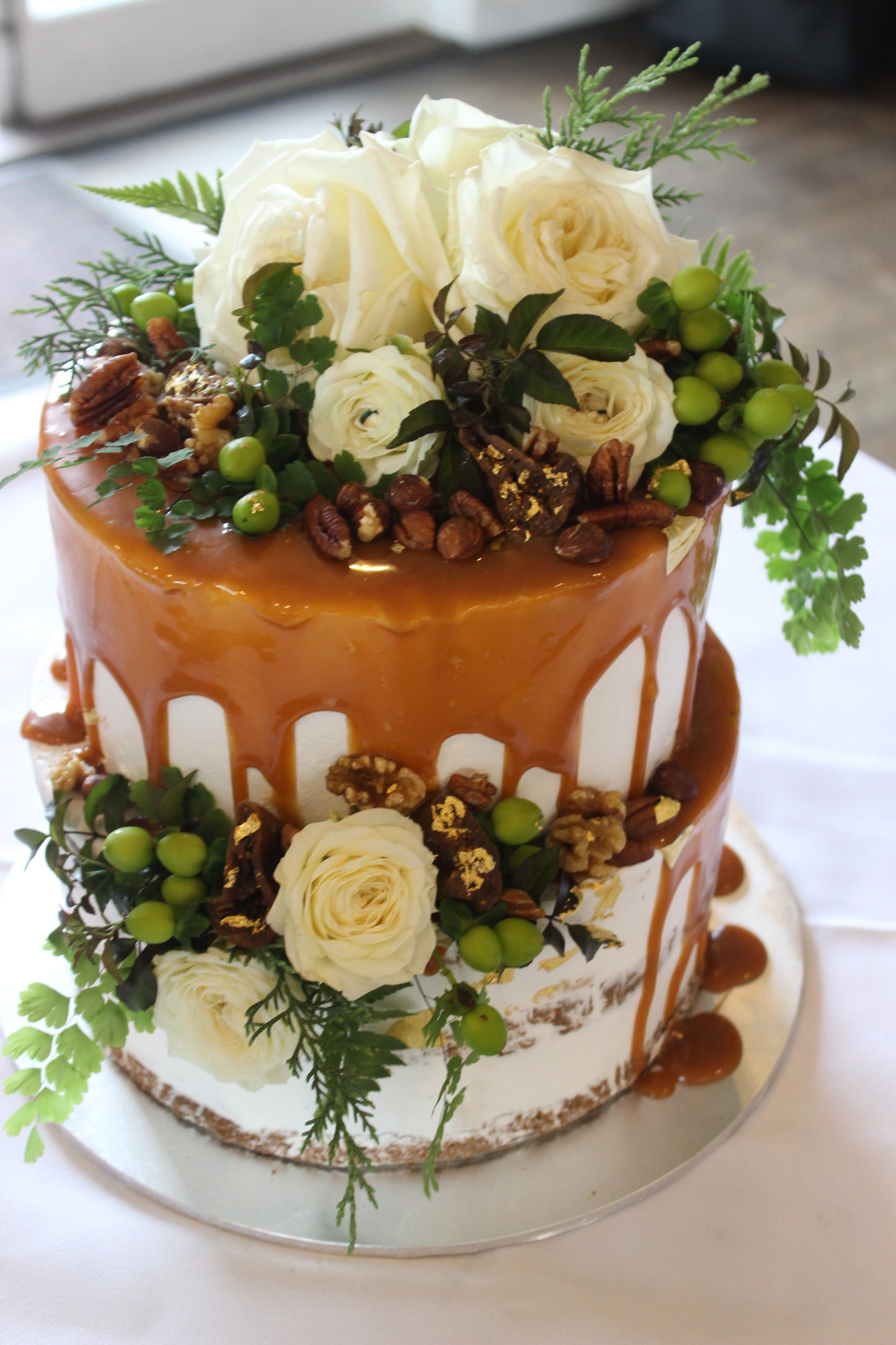 2 Tier Semi Naked with Caramel, White Roses and Nuts