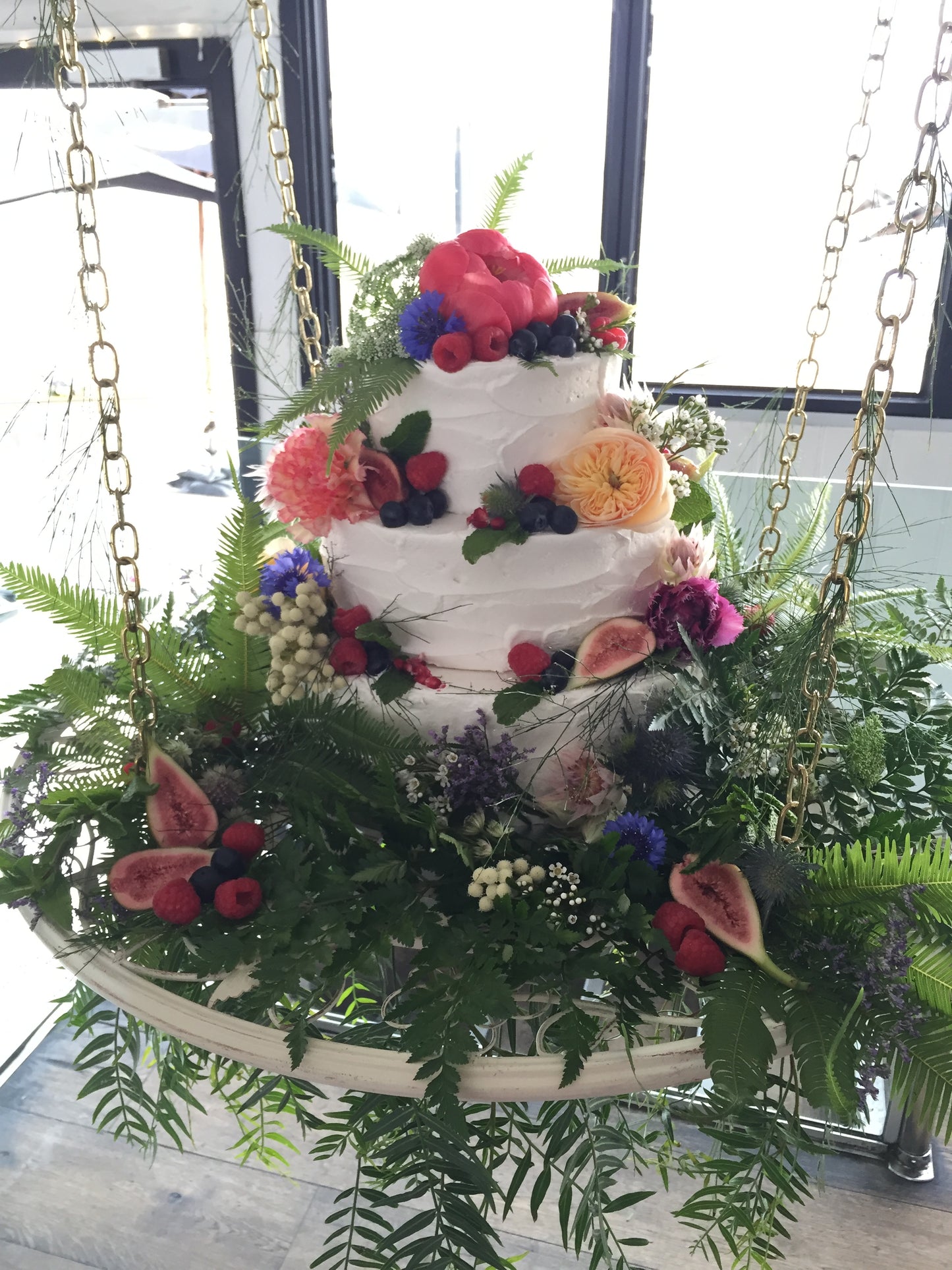 Hanging 3 Tier Cake with figs, fern & Bright Colours