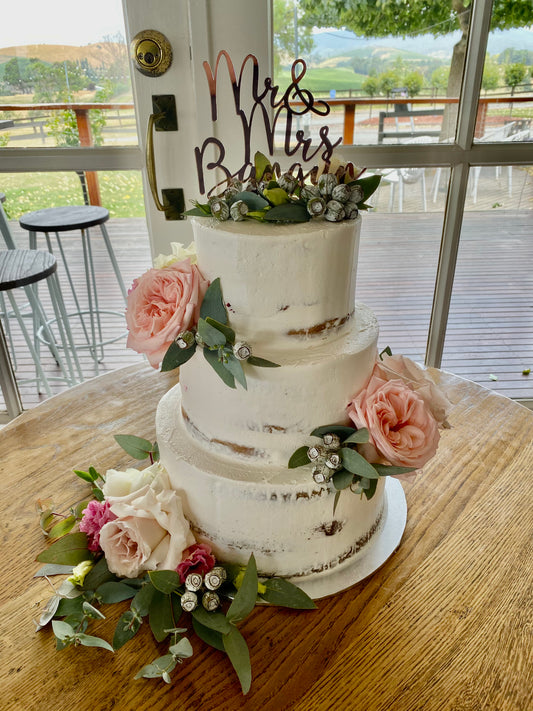 3 Tier Semi Naked with Pink & Native Flowers