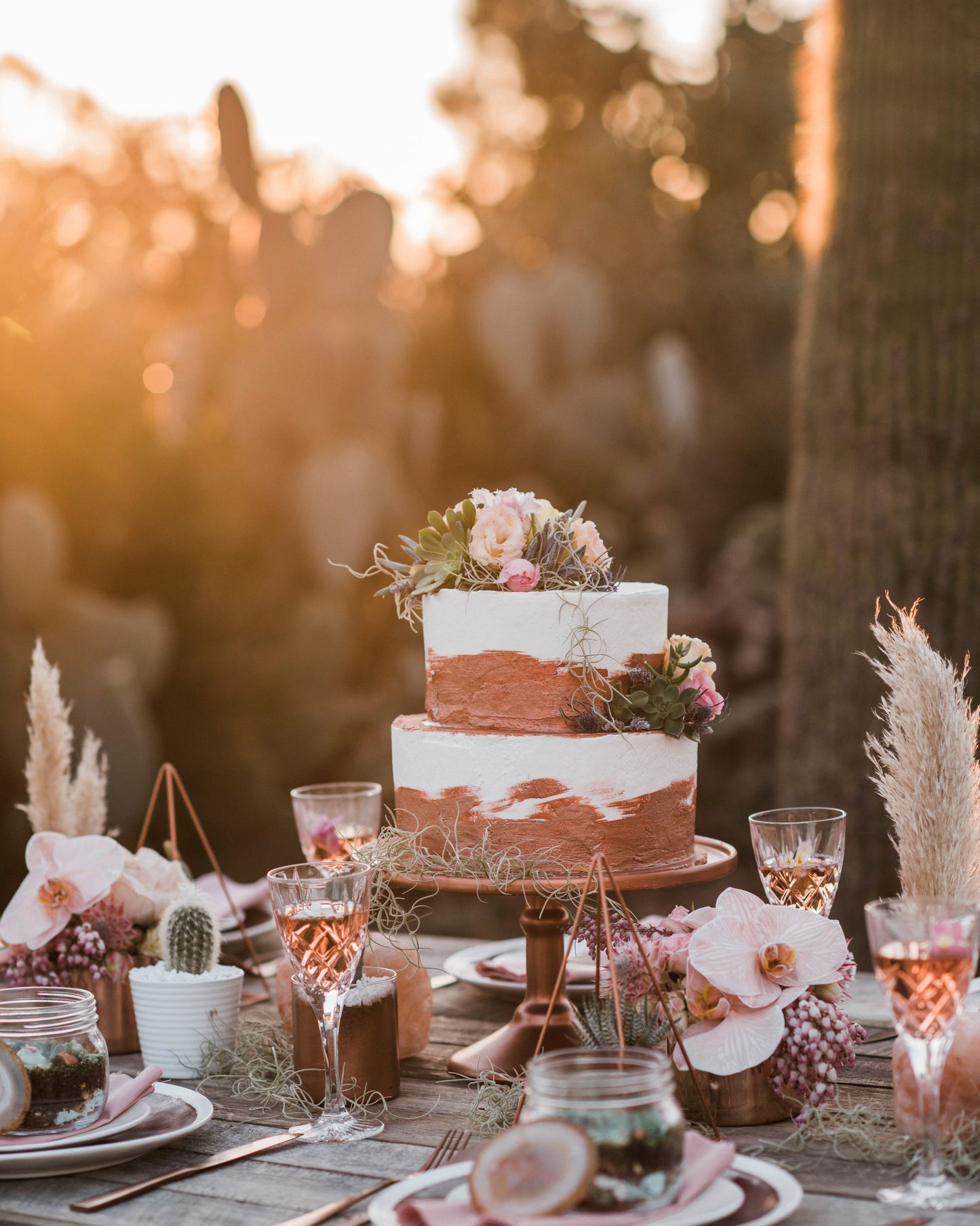 2 Tier White & Rose Gold Buttercream with Succulents