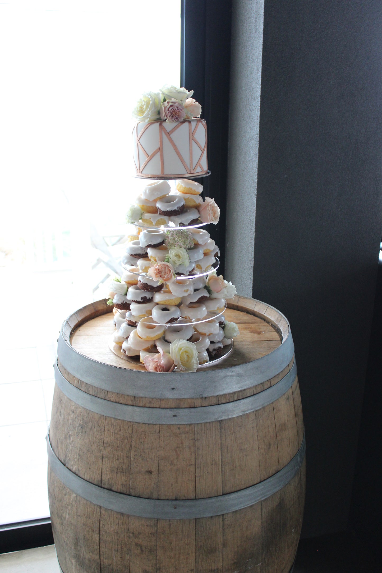 Donut Tower with Cutting Cake in Rose Gold & White