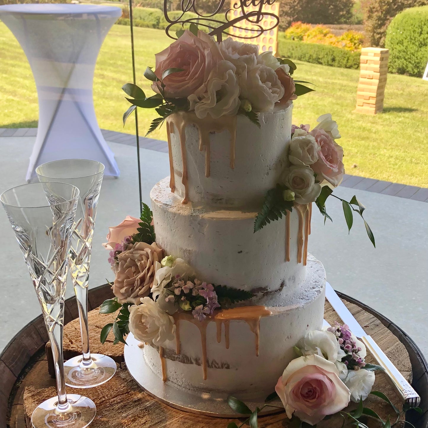 3 Tier Semi Naked with Gold Drizzle & Pink Flowers