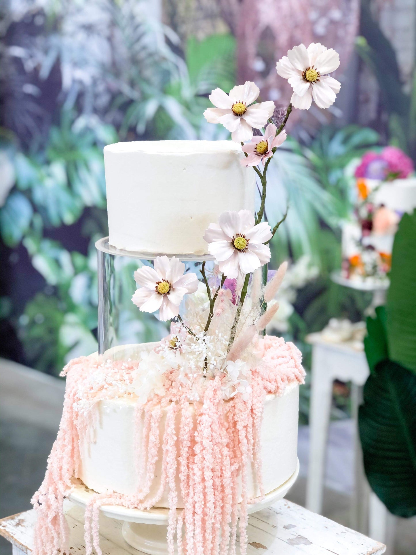 3 Tier Floating Buttercream with Pink Flowers