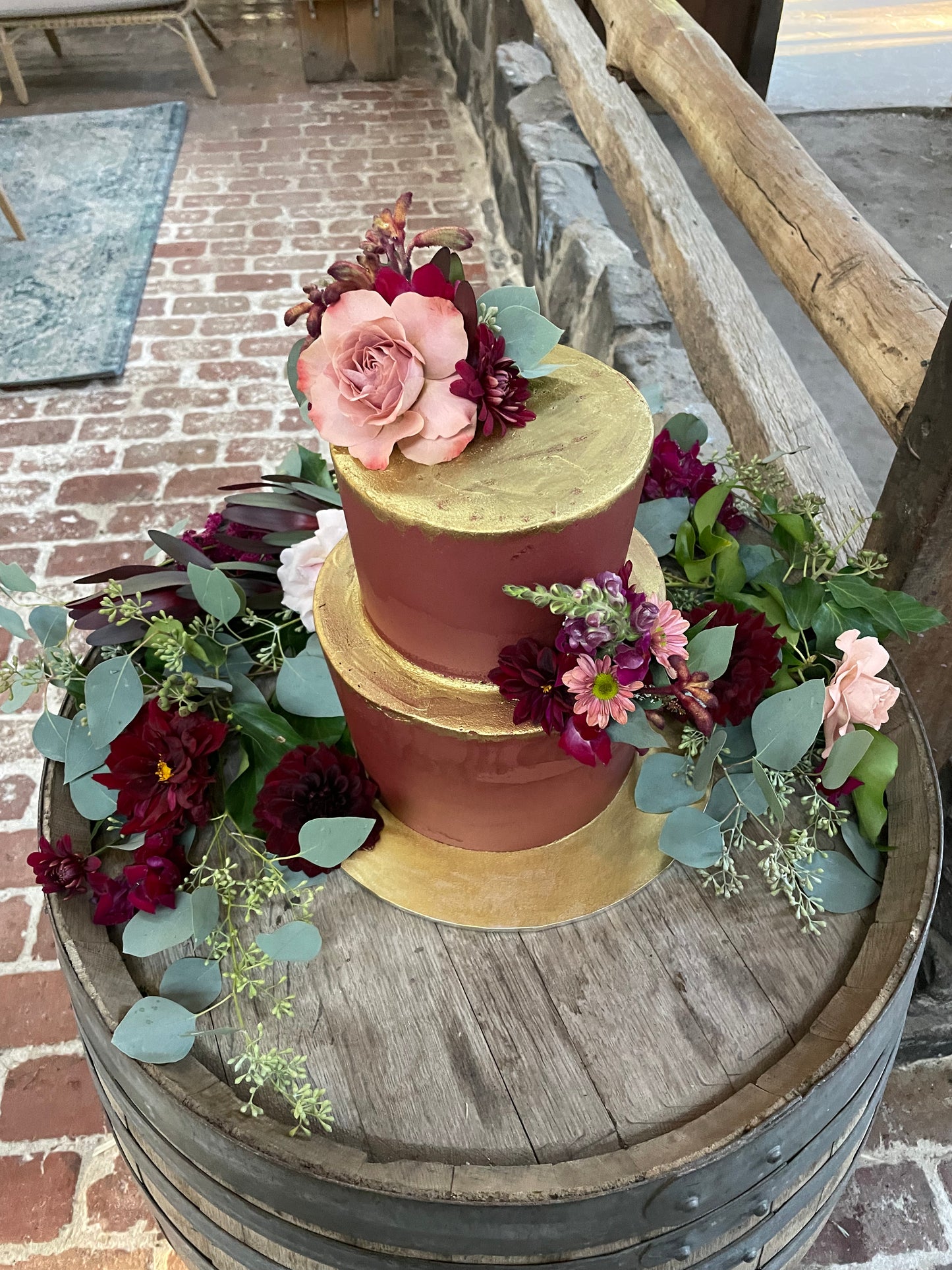 2 Tier Burgundy Cake with Gold & Fresh Flowers