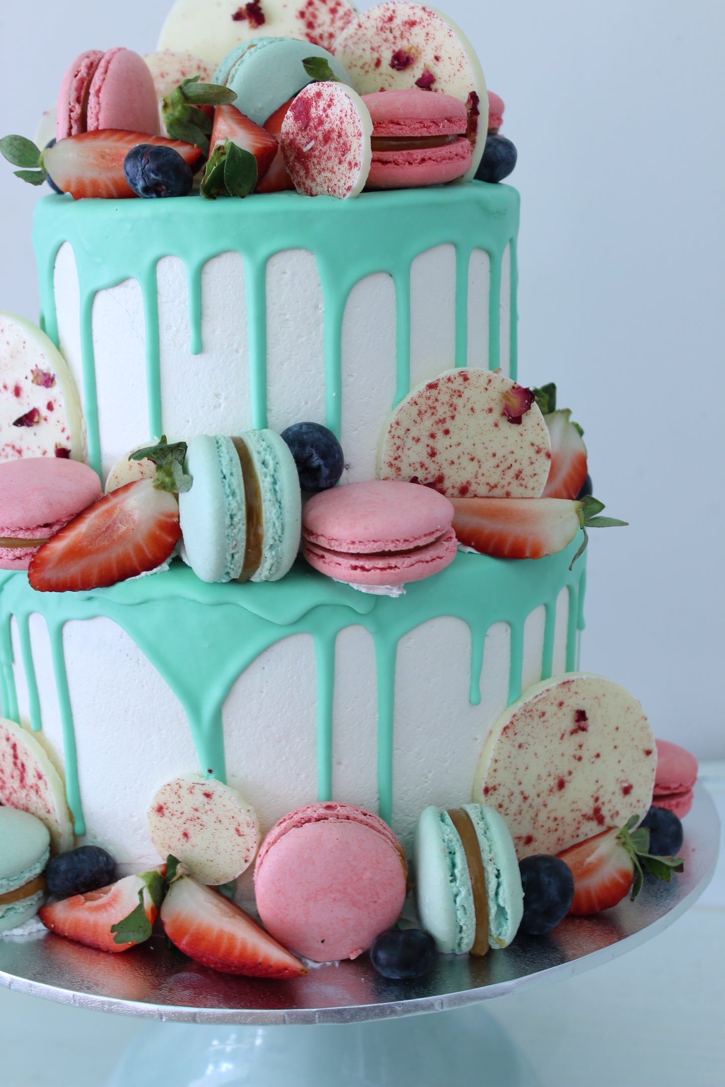 2 Tier Aqua Drizzle Cake with Macaron's, Chocolates & Berries