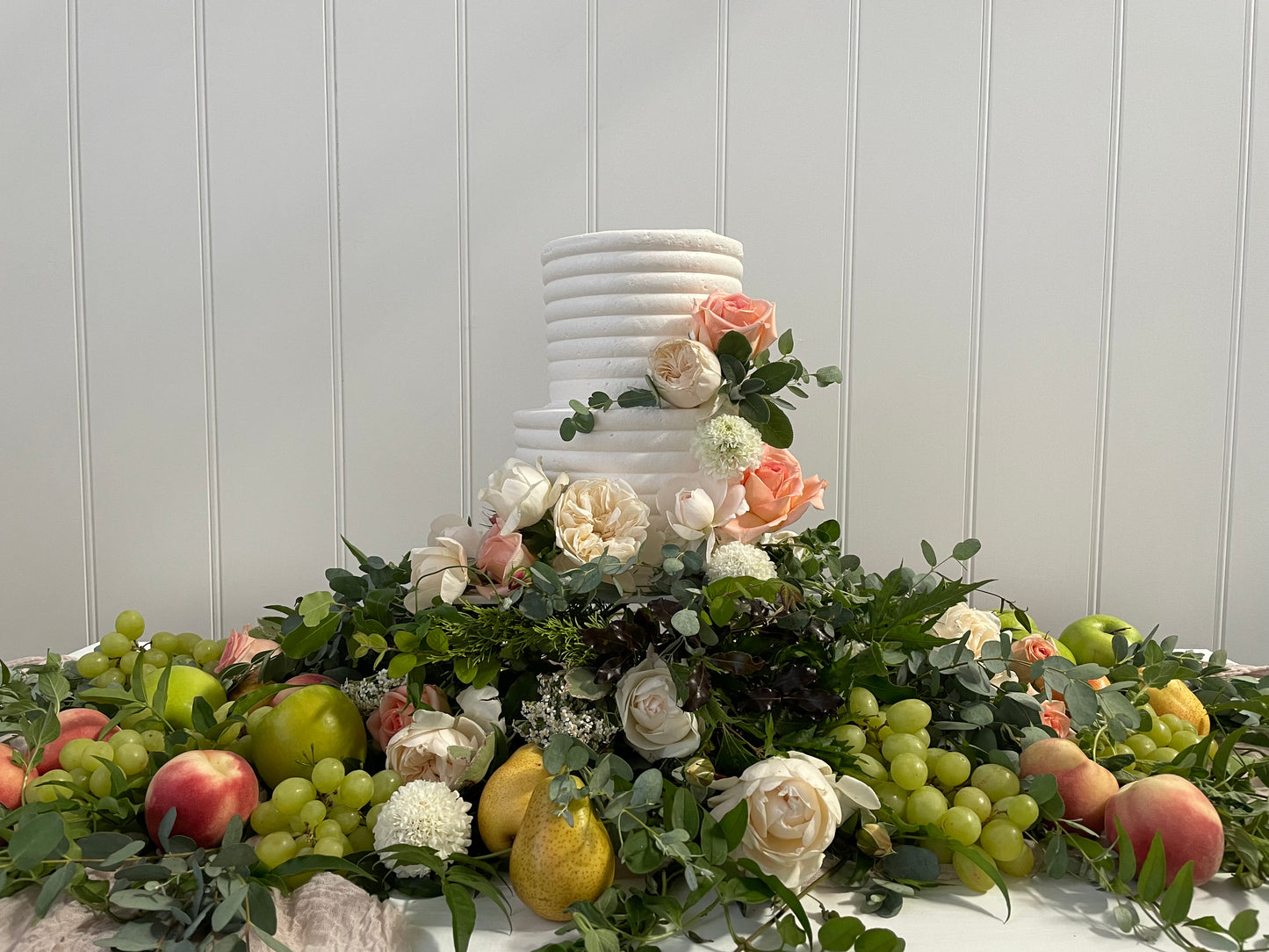 2 Tier Line Buttercream with Peach, White & Fruit