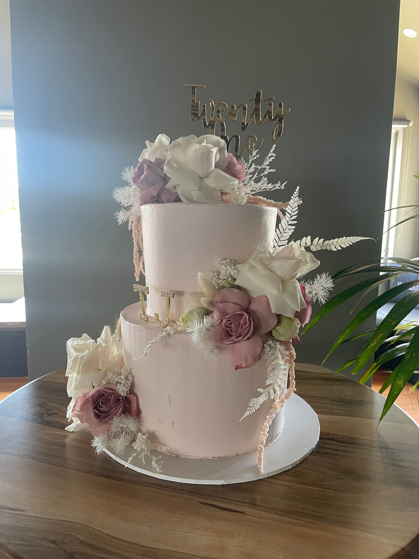 Pink & White 2 Tier 21st Floral Cake