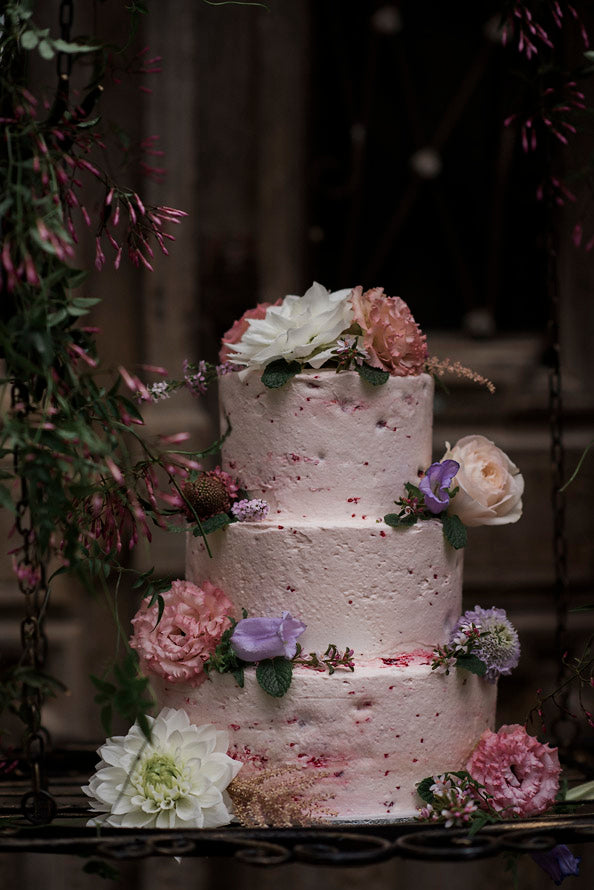 Hanging 3 Tier Berry Buttercream Cake with Flowers