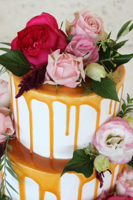3 Tier Buttercream Caramel Drizzle with Bright Flowers
