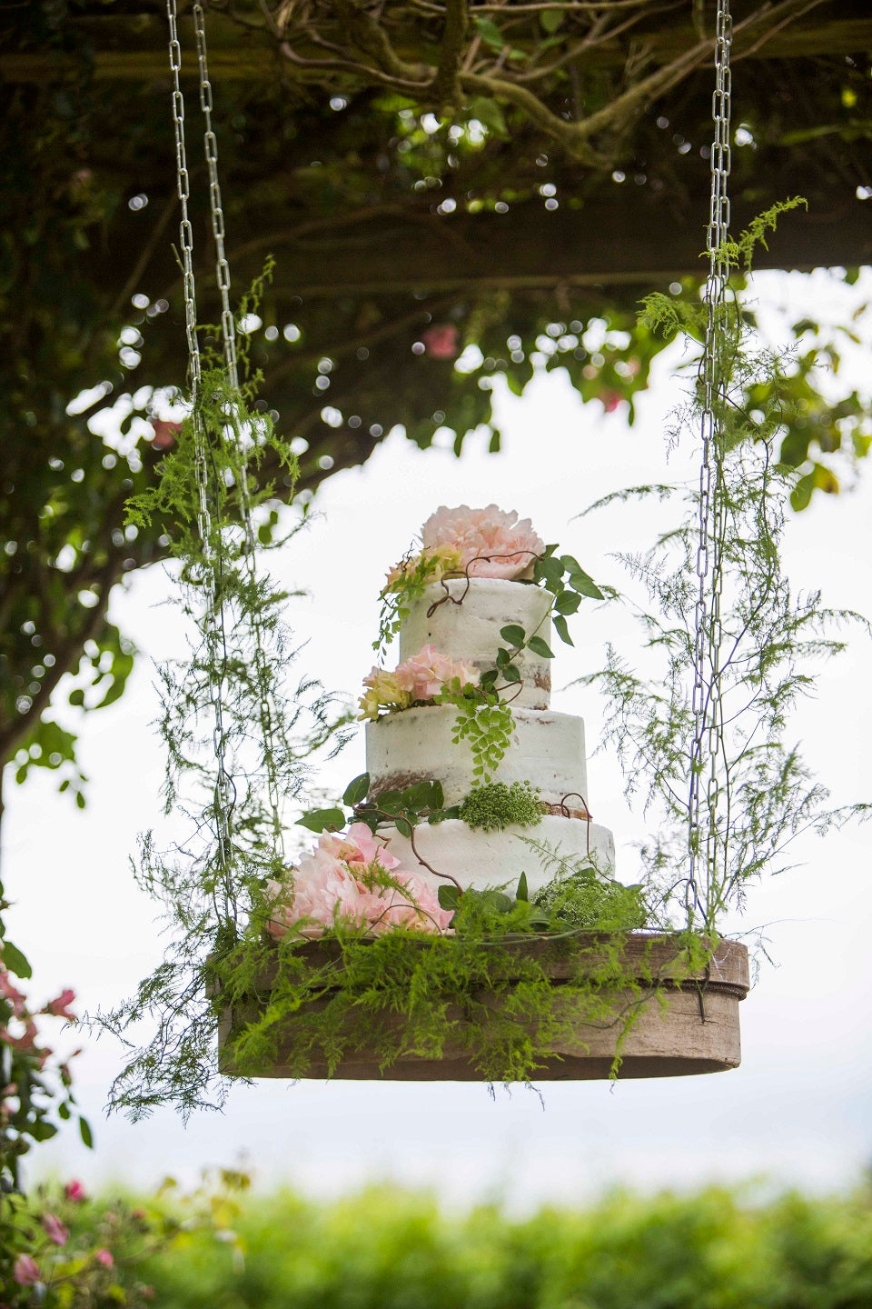 Hanging 3 Tier Rustic Semi naked Cake with Pink Peonies