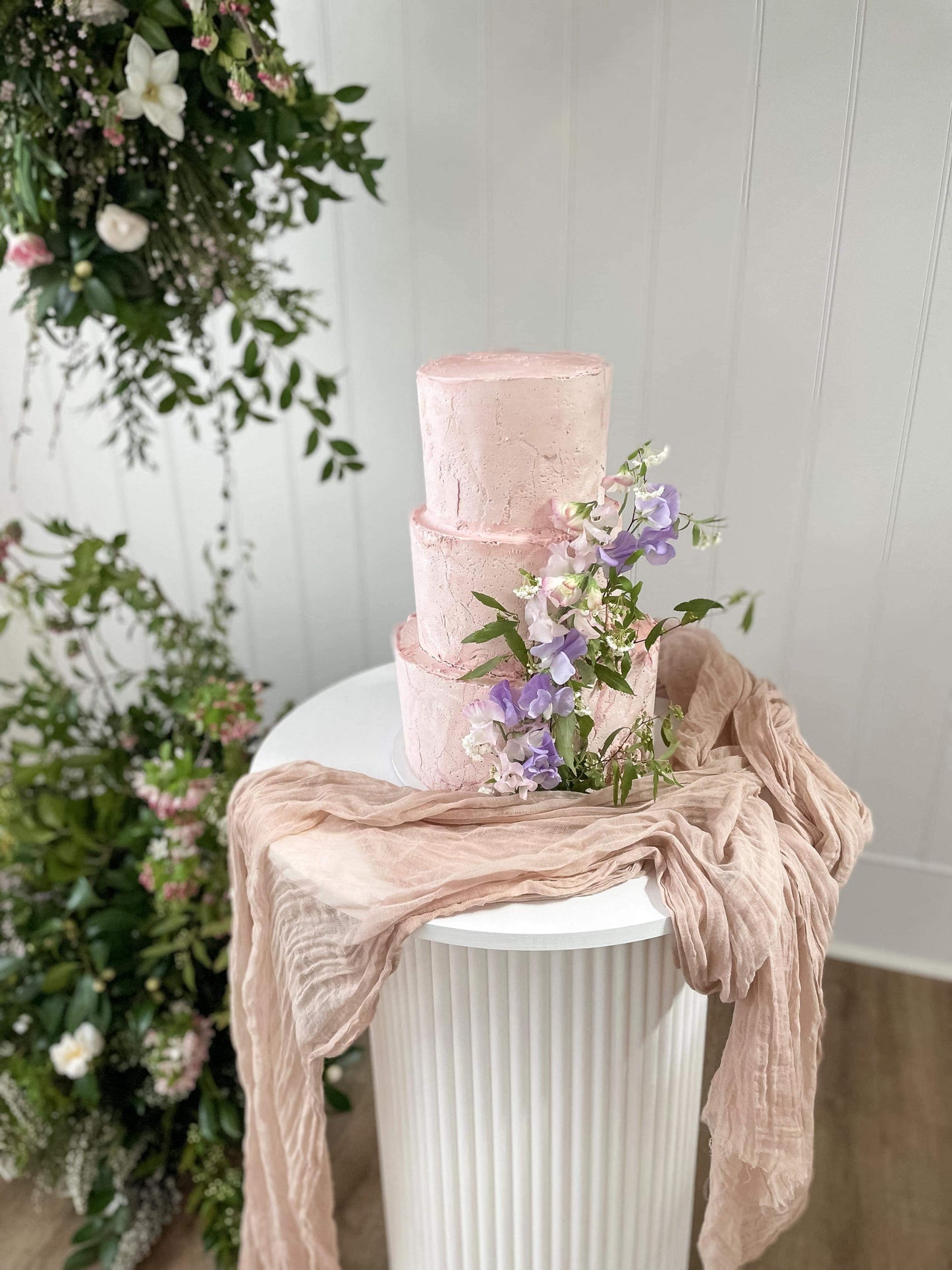 3 Tier Pink Contemporary Buttercream cake with fresh flowers
