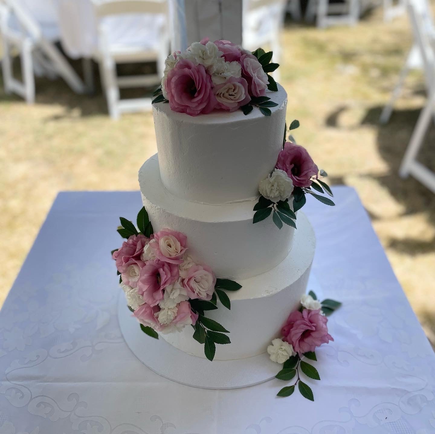 3 Tier Smooth Buttercream with Pink Flowers