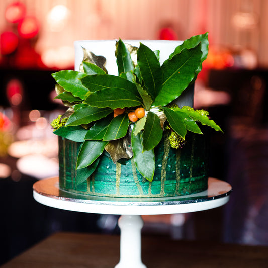 2 Tier Green Metallic cake with Tropical Flowers