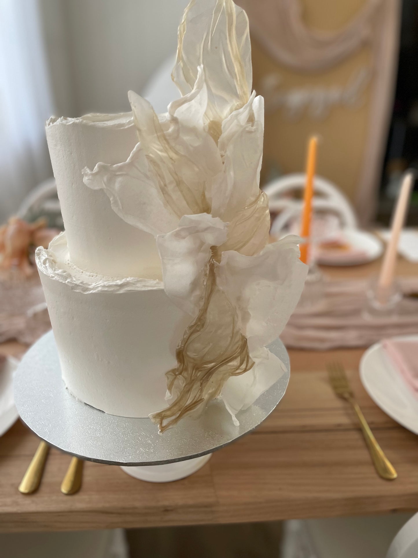 2 Tier Ivory Buttercream Cake with Rice & Wafer Paper Sails