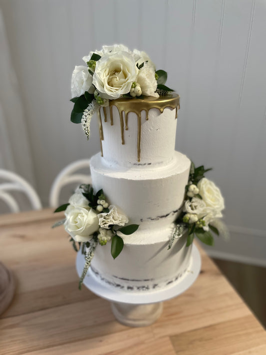3 Tier White Buttercream with Gold Drizzle and White Flowers