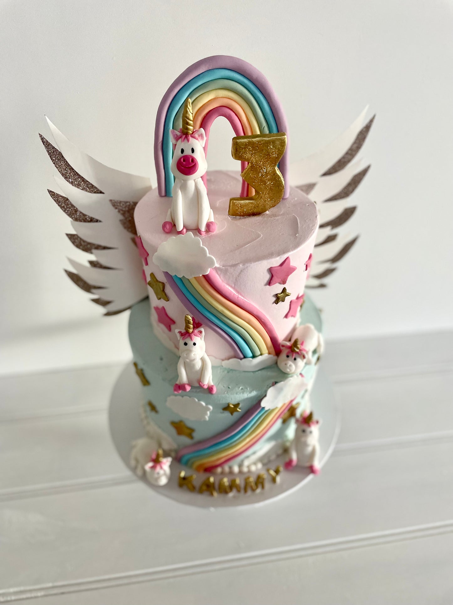 2 Tier Flying Unicorn Cake With Rainbows
