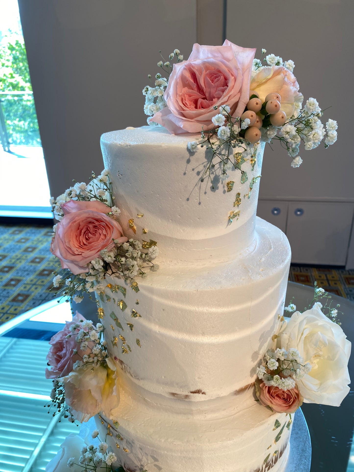 3 Tier Semi Naked with Pink Flowers & Gold Foil