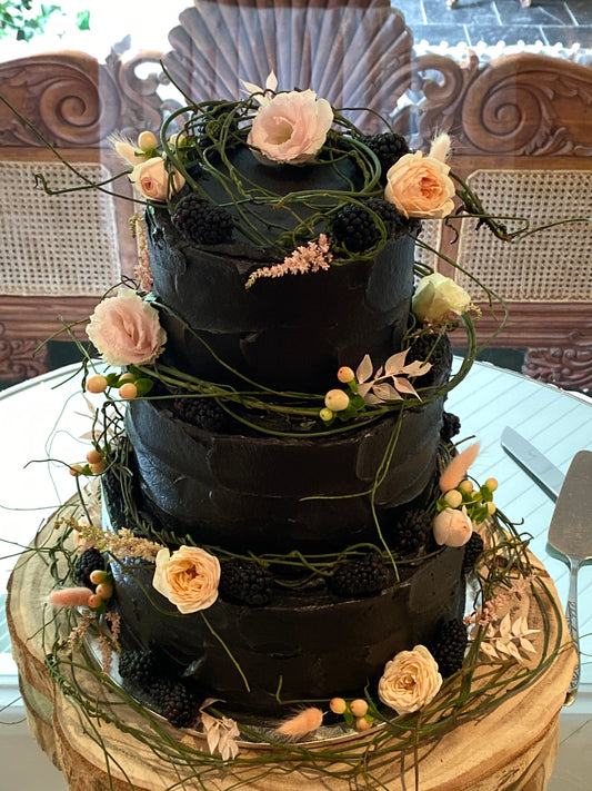 3 Tier Black Buttercream Cake with Flowers