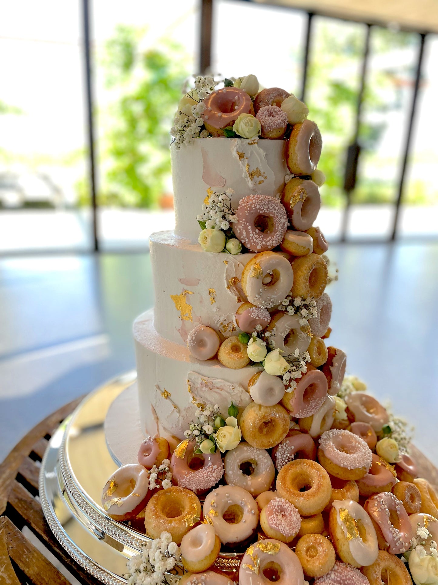 3 tier Pink & Ivory Buttercream With Cascading Donuts