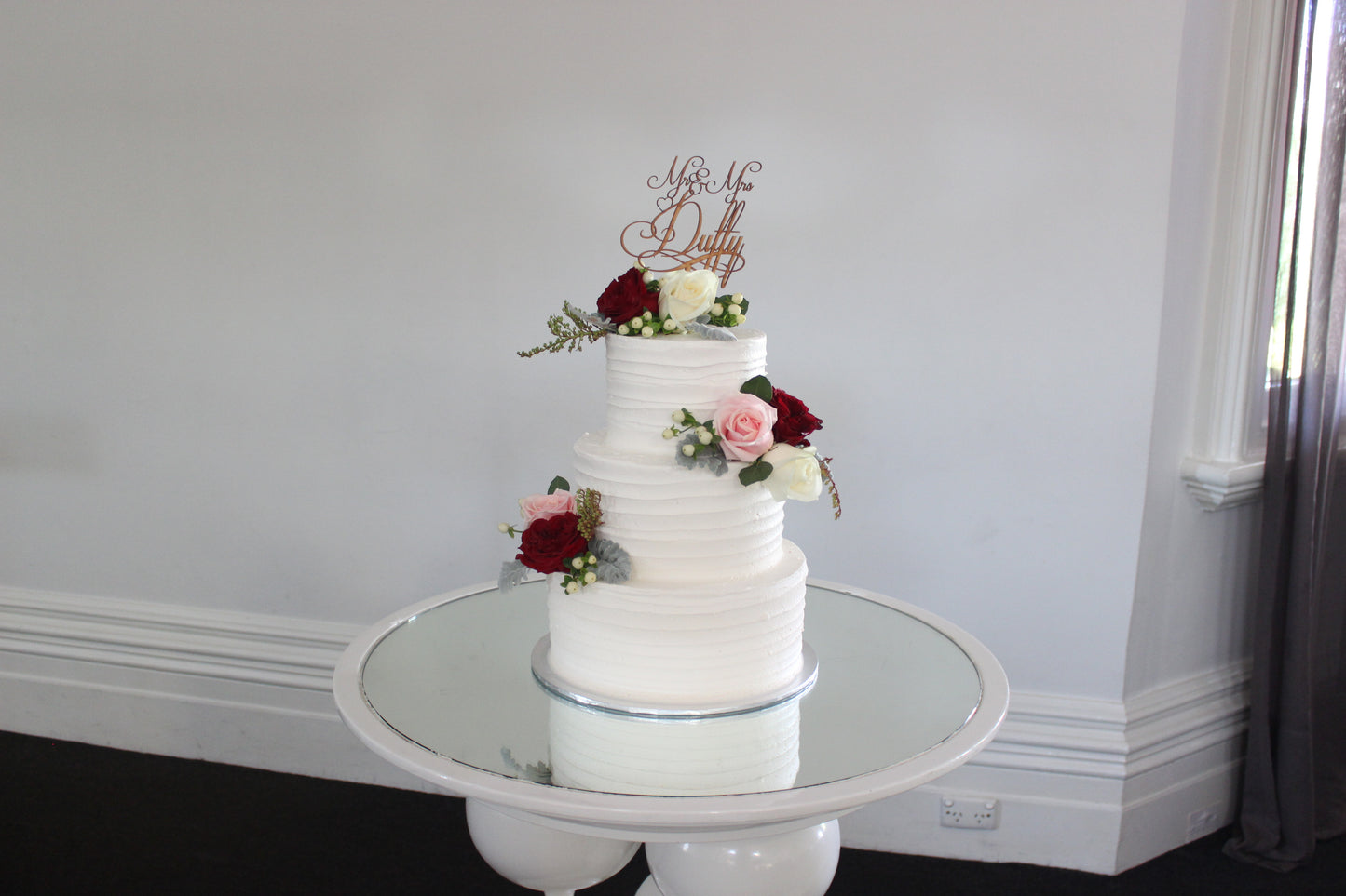 3 Tier Lined Buttercream with Red & Pink Flowers