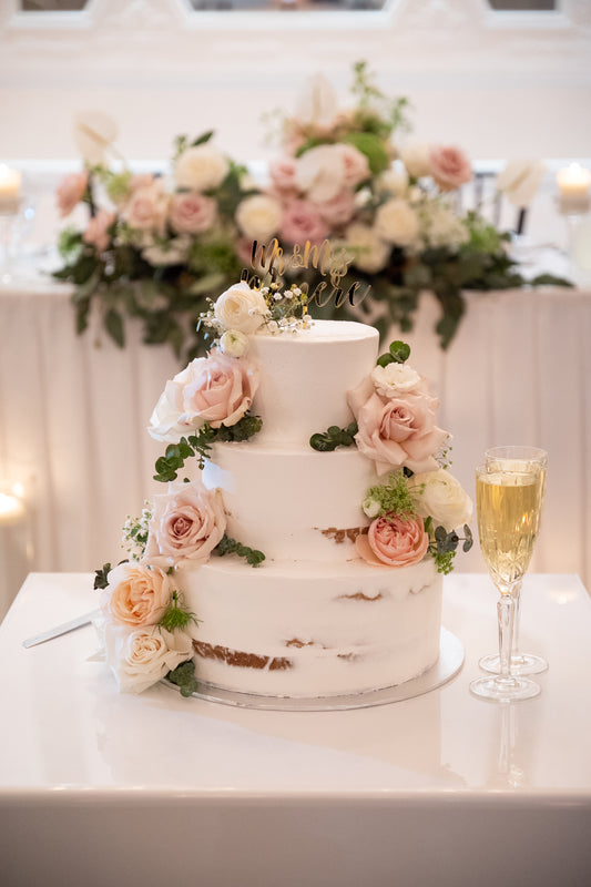 3 Tier Semi Naked with White & Pink Flowers
