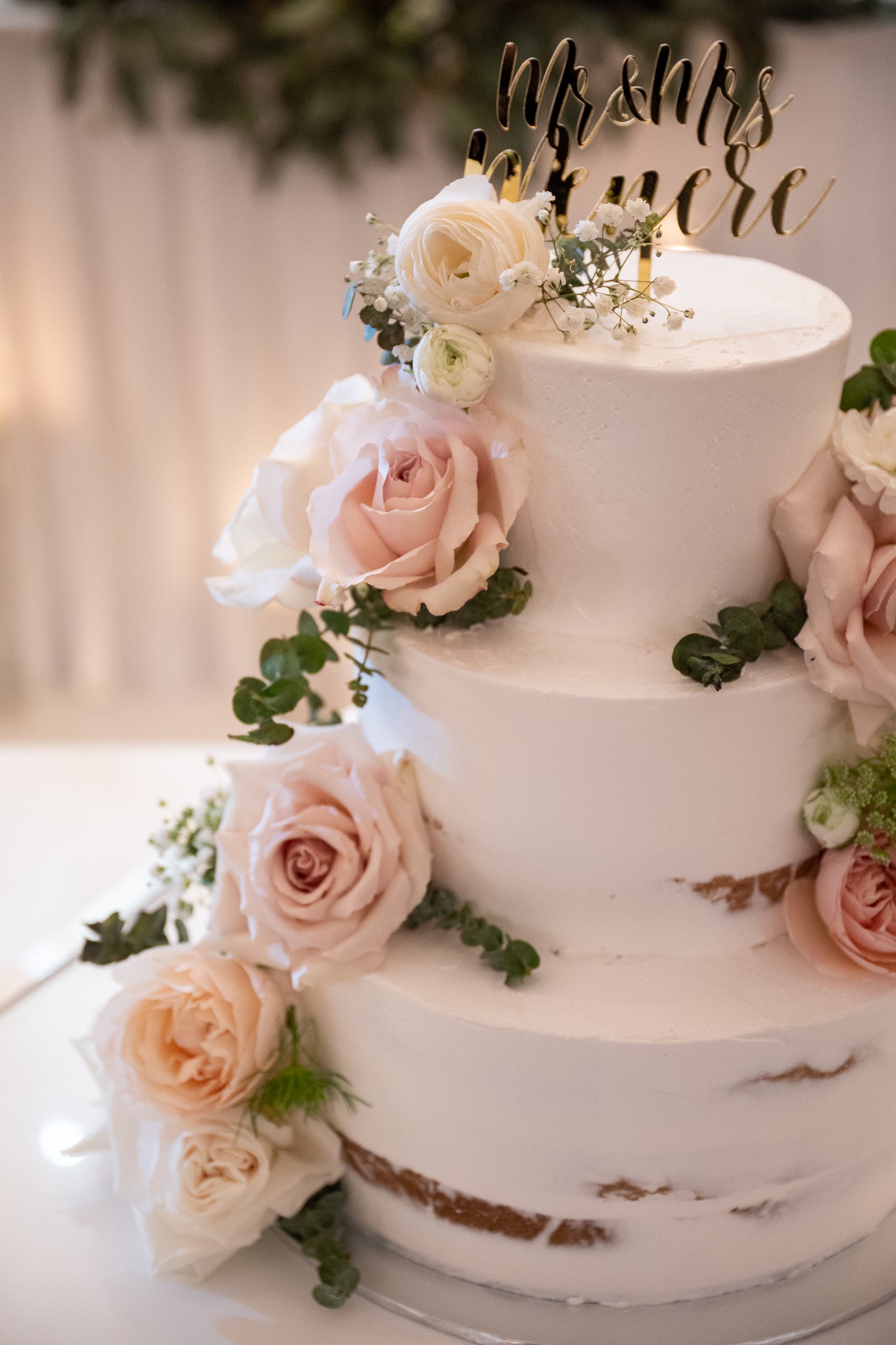 3 Tier Semi Naked with White & Pink Flowers