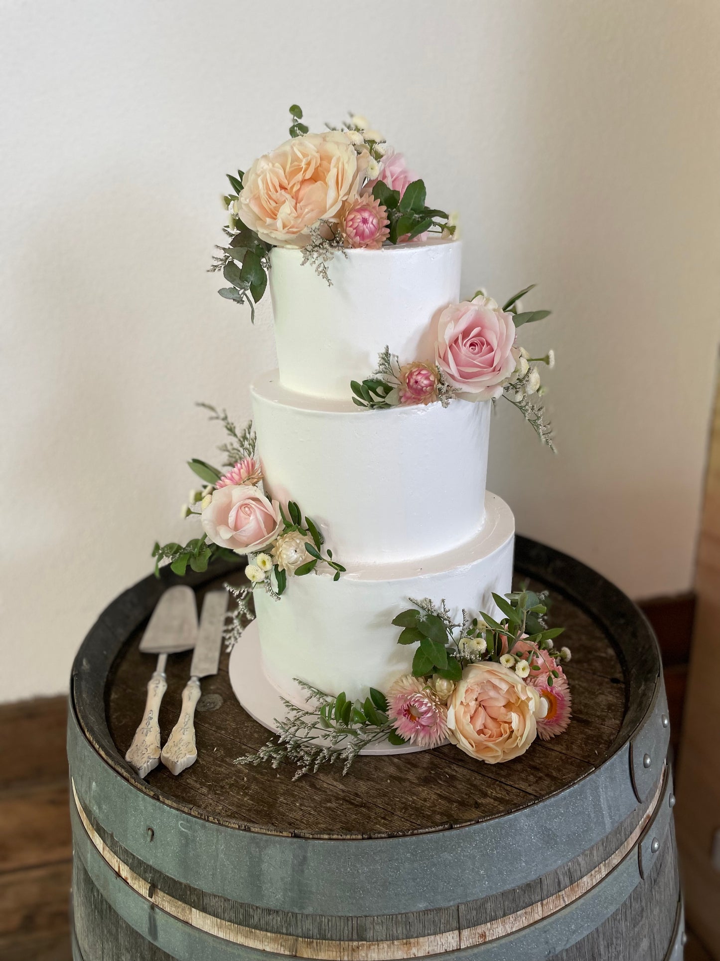 3 Tier Smooth Buttercream with Pink & Peach Flowers