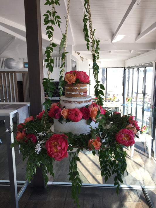 Hanging 3 Tier Cake with Bright Flowers