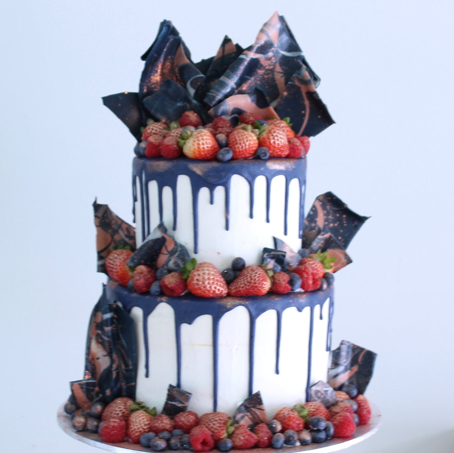 2 Tier Navy and Rose Gold Chocolates & Berries Cake