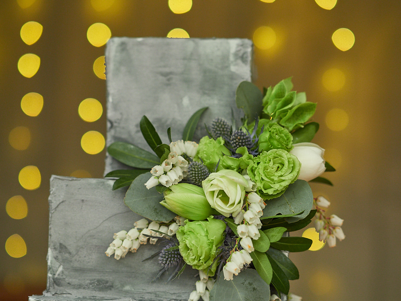 3 Tier Square Concrete Cake with Green Flowers