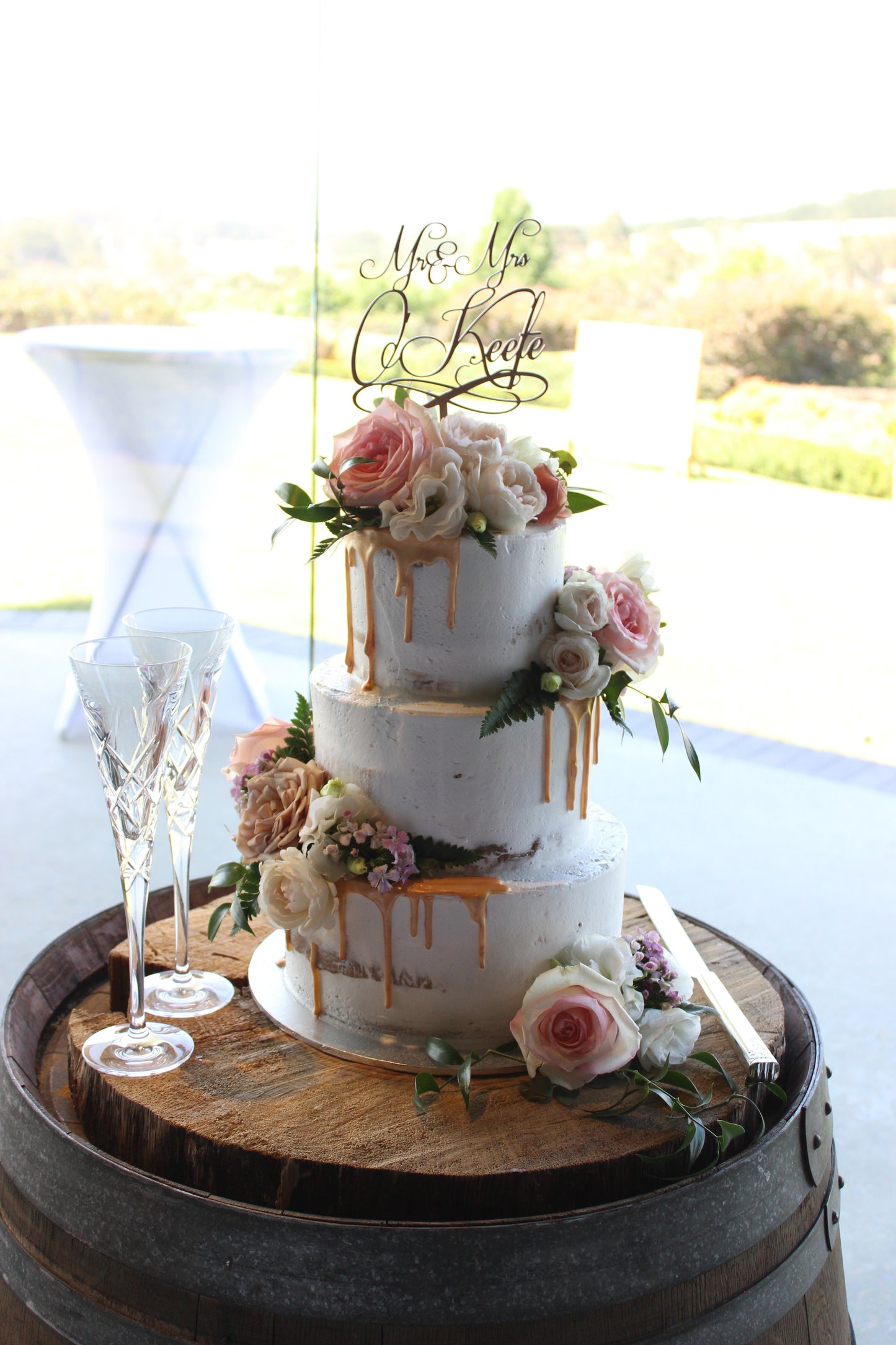3 Tier Semi Naked with Gold Drizzle & Pink Flowers