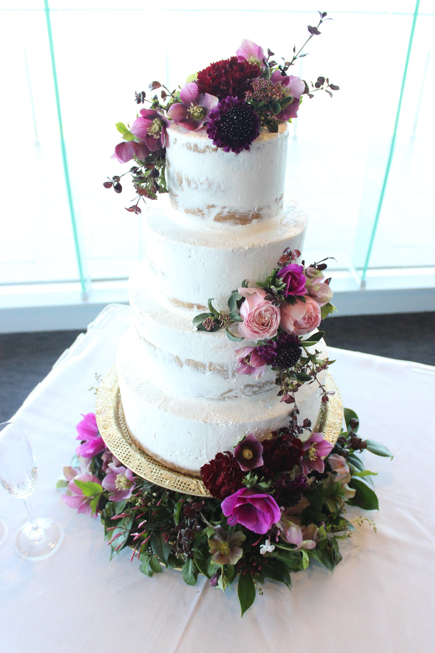 4 Tier Semi Naked with Pink & Purple Flowers