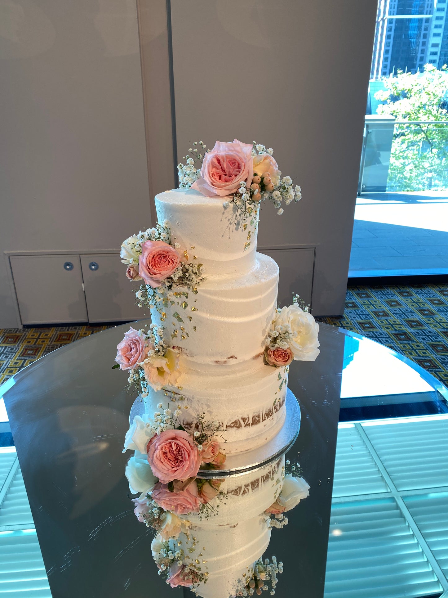 3 Tier Semi Naked with Pink Flowers & Gold Foil