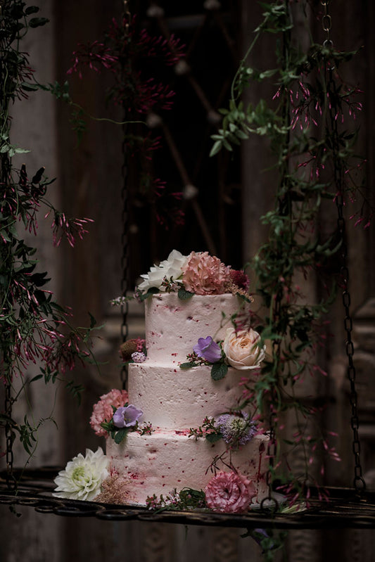 Hanging 3 Tier Berry Buttercream Cake with Flowers