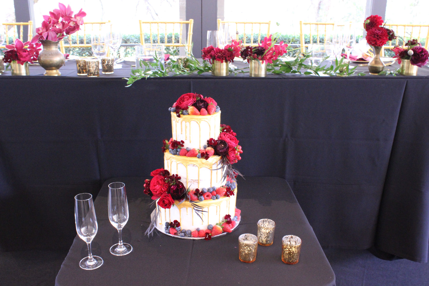 3 tier Gold Drizzle Cake with Red Flowers & Berries