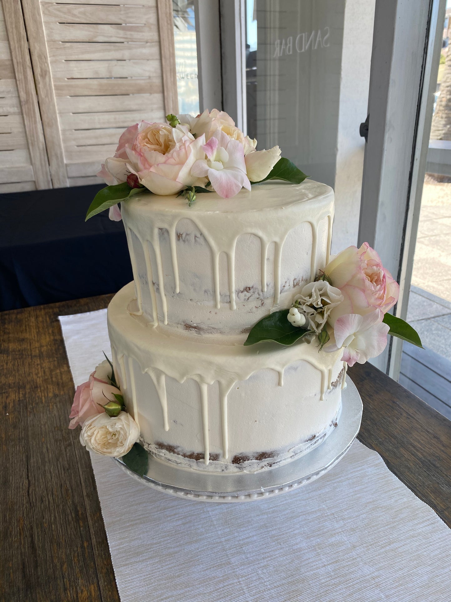 2 Tier Semi Naked With Drizzle & Pink Flowers
